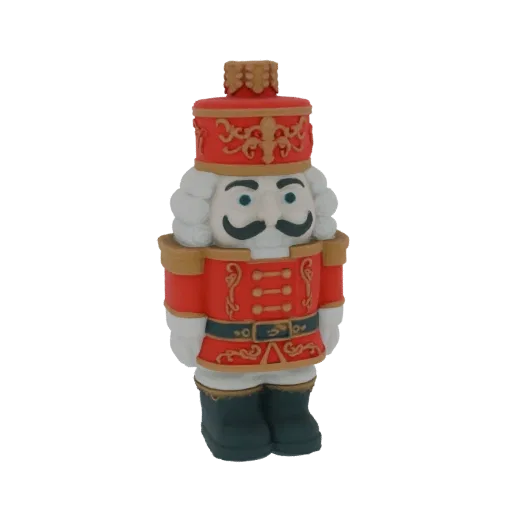 3D model of a classic red nutcracker soldier with gold trim and a tall hat, standing against a white background.