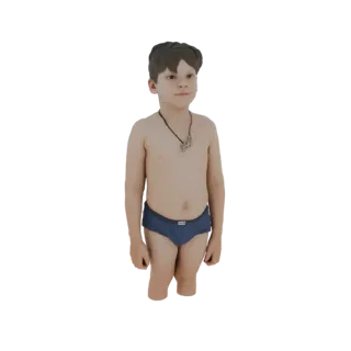Modelo 3D de un niño con pelo oscuro, vistiendo calzoncillos azules y un collar con colgante, de pie con los brazos a los lad