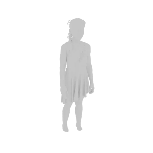 3D model render of a young girl standing in a light-colored, flowy dress, with her hair tied up.