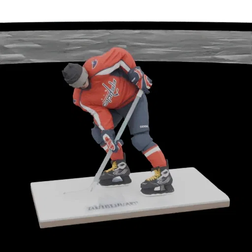 3D model of an ice hockey player in a red and blue uniform, mid-action with a hockey stick on a white base.