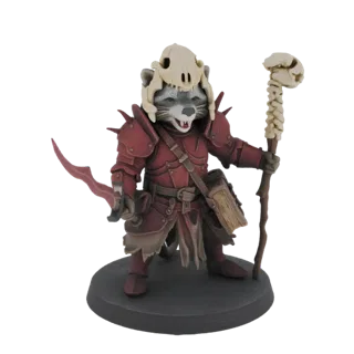 3D model of a raccoon warrior in red armor, wearing a skull helmet and holding a bone staff, standing on a base.