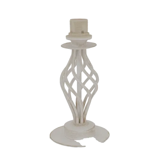 3D model of an ornate, distressed white lamp base with a twisted column and a threaded socket at the top.
