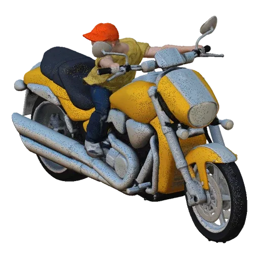 3D model of a yellow cruiser motorcycle with a young rider wearing a yellow shirt and orange cap, posed dynamically.