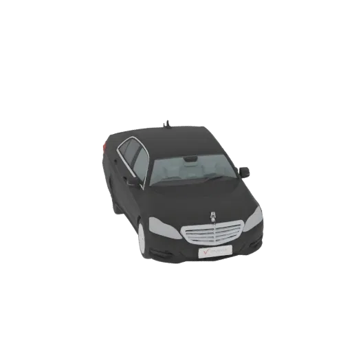 A 3D model of a black luxury sedan viewed from a slightly elevated front-right angle, showcasing its sleek design and glossy