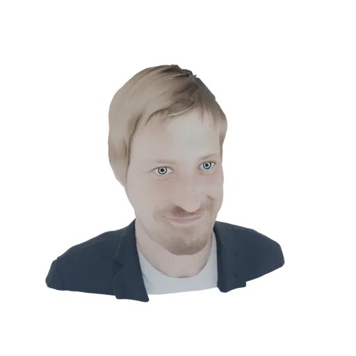3D model of a smiling man with blonde hair and blue eyes, wearing a dark blazer and white t-shirt, against a white background