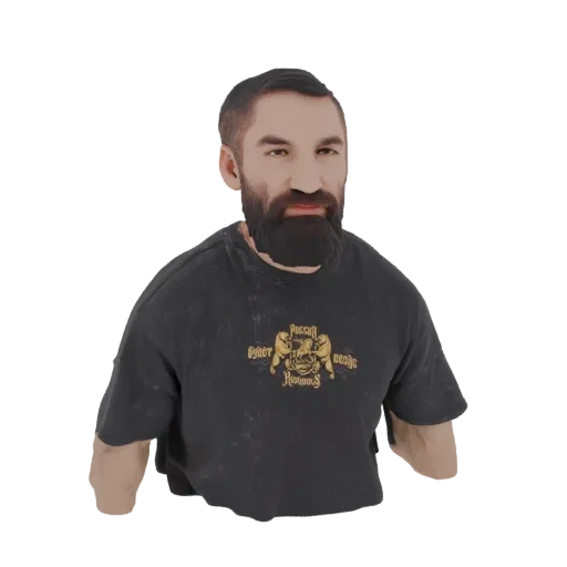 3D model render of a rugged bearded man wearing a black graphic t-shirt, looking directly at the viewer.