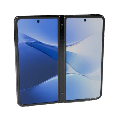 Modello 3D Smartphone Pieghevole ad Alto Numero di Poligoni, rendering ravvicinato da studio, che mostra schermi in vetro, pr