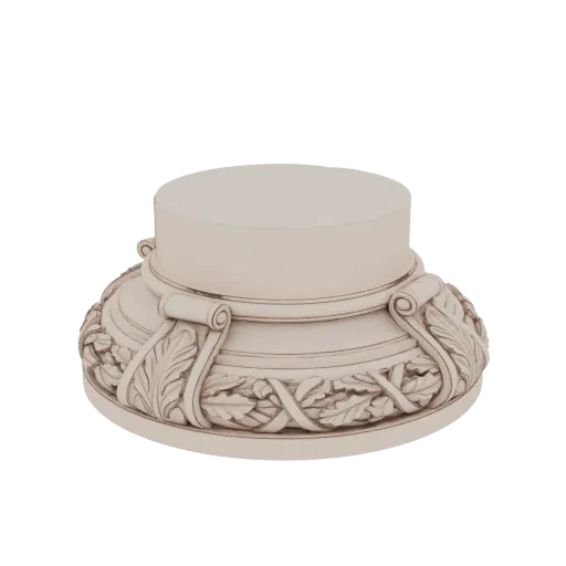3D render of an ornate pedestal base with acanthus leaf and ribbon carvings, on a black background.