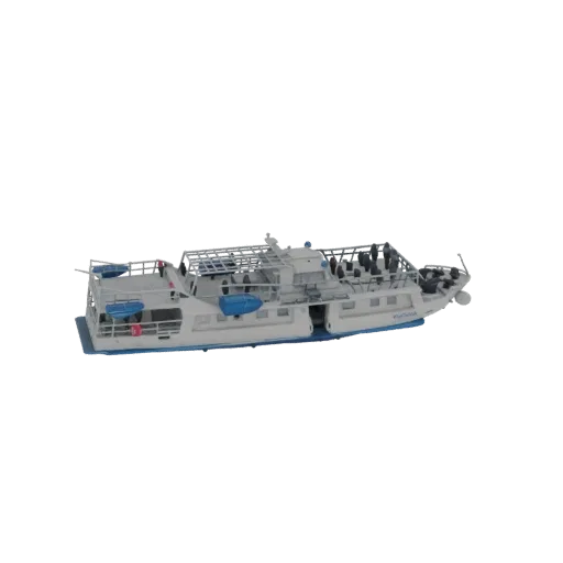3D model of a white passenger boat with blue accents and seating on the deck, set against a black background.