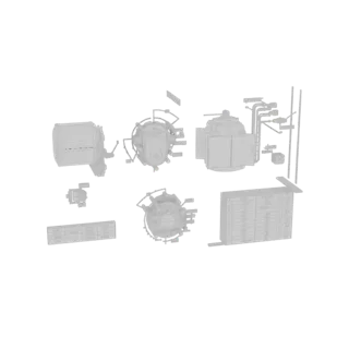 Una colección de modelos 3D que representan varios componentes de maquinaria industrial, incluyendo motores, bombas y paneles