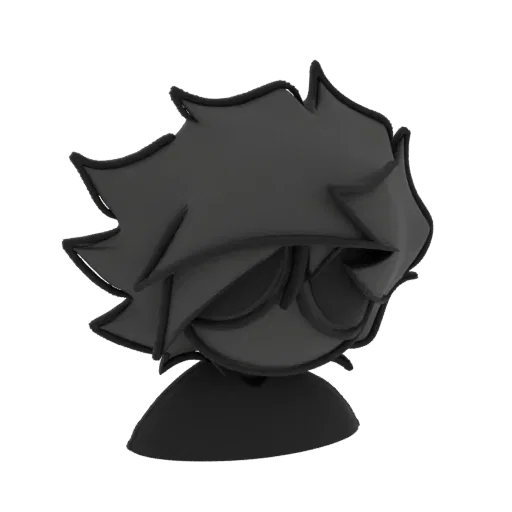 A 3D model of spiky, dark anime-style hair, viewed from the side, with sharp, layered strands.