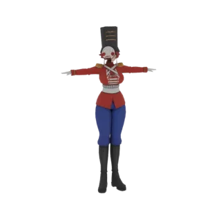 Modelo 3D de un personaje soldado de juguete con uniforme rojo, pantalones azules, botas negras y máscara blanca, en pose T.