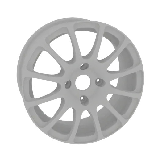 Un modello 3D di una ruota da corsa grigio opaco con design a 10 raggi, vista da una leggera angolazione su sfondo bianco.