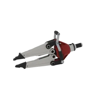 3D model of a red and white hydraulic rescue spreader tool with black gripping ends and a silver handle.
