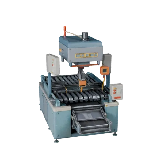 Assembly Packing Machine Stylized 3D model, stylized isometric render, showing painted steel, machine stations.