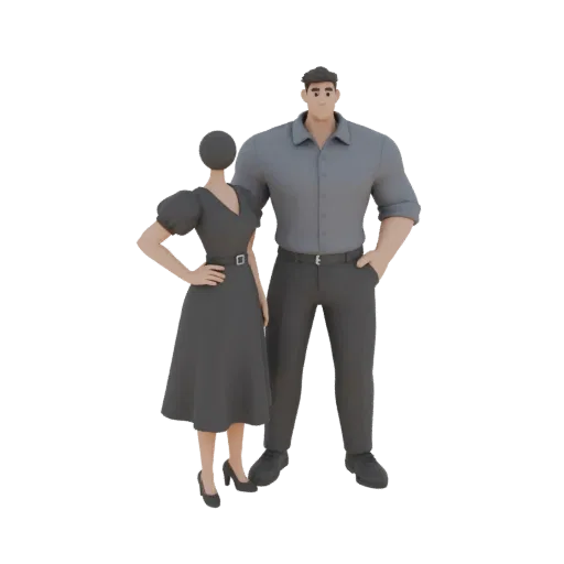 3D model of a couple, man and woman, in business attire, standing together and posing for a photo.