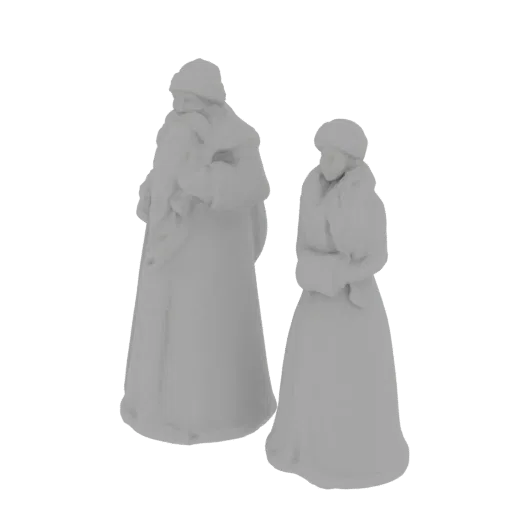 Modèle 3D d'un homme et d'une femme élégants vêtus de manteaux d'hiver détaillés bordés de fourrure et de chapeaux, debout cô
