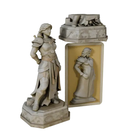 Garden Guardian Statue stylized 3D model preview showing silhouette, three-quarter game view, pedestal and sculpt detail