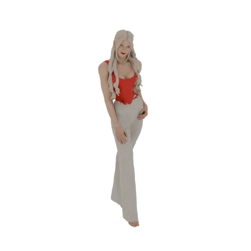 3D model of a woman with blonde hair, wearing a red corset and white patterned flared pants, posing elegantly.