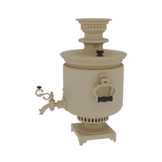 Modello 3D di un classico samovar beige con rubinetto e maniglie, su sfondo bianco.