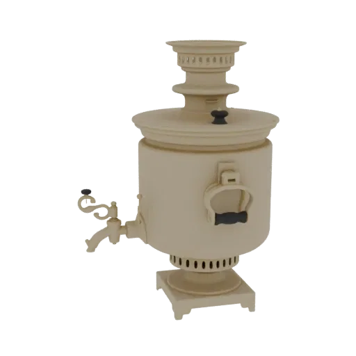 Modello 3D di un classico samovar beige con rubinetto e maniglie, su sfondo bianco.