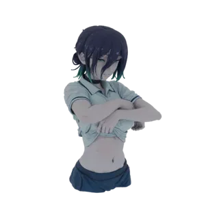 3D model of an anime girl with dark hair and green eyes, lifting her shirt in a playful pose.