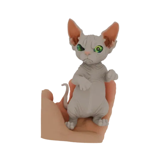 3D model of a Sphynx cat figurine with large ears and green eyes, held in a human hand.