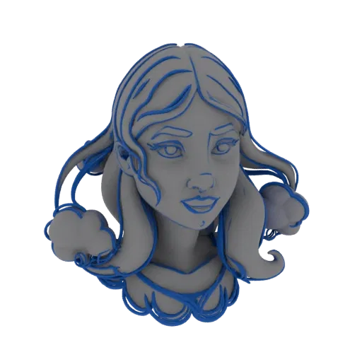 3D model of a stylized woman's head with flowing hair and a prominent blue outline, presented against a white background.