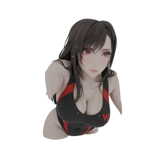 Modelo 3D de Tifa Lockhart de Final Fantasy VII vestindo uma roupa de banho preta e vermelha, com gotas de água em sua pele.