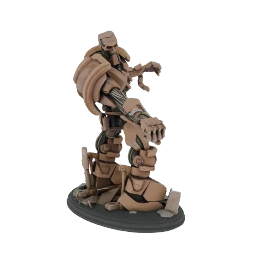 3D model of an ancient mechanical guardian with brown armor, exposed wires, and a ruined base.