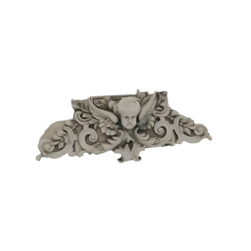 3D model of a classical ornament featuring a cherub face surrounded by ornate acanthus scrolls and leaves.