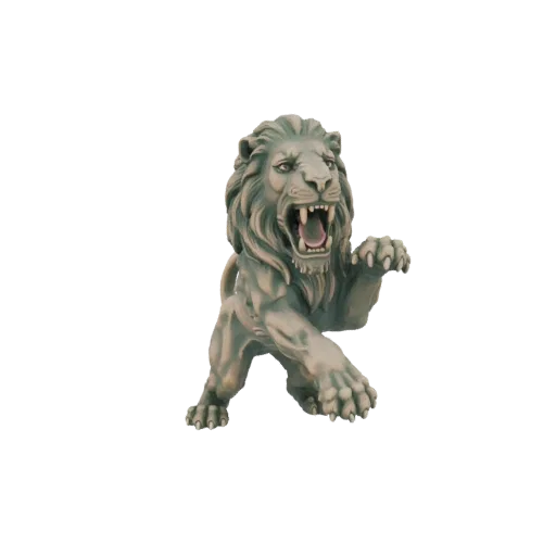 A 3D model of a stone-like lion statue in a roaring pose, with its mouth open and front paws extended.