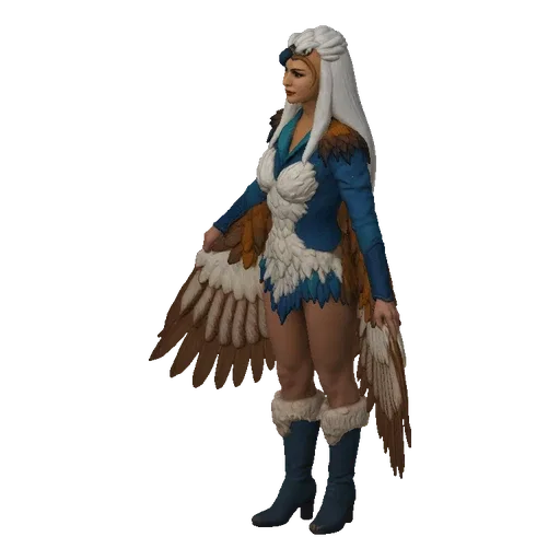 3D model of a female warrior with large, brown and white eagle wings, wearing blue and white attire, with blonde hair.