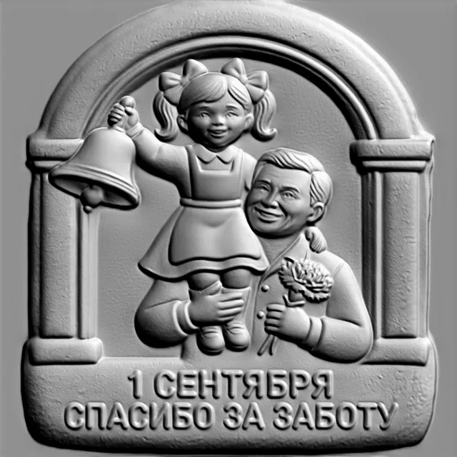 3D model of a bas-relief depicting a teacher holding a student with a bell, and the inscription "September 1st"