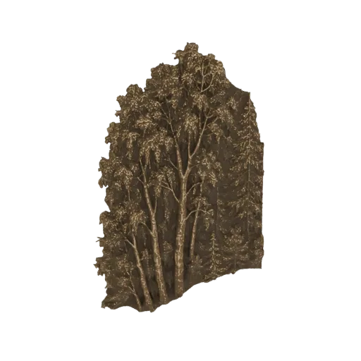 3D model of a bronze-colored relief depicting a dense forest with detailed trees and foliage.