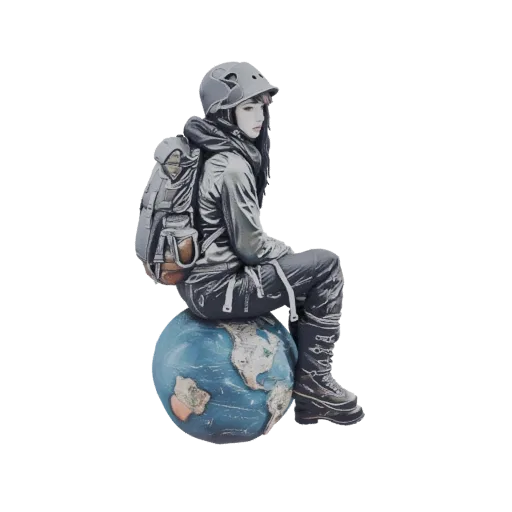 3D model of an adventurer in a helmet and backpack sitting on a globe, rendered with detailed textures.