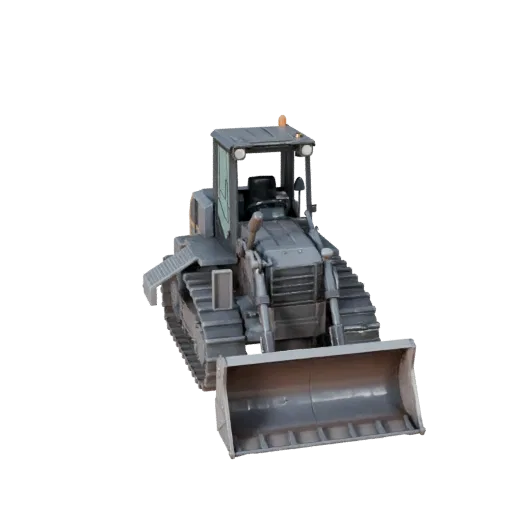 Warehouse Bulldozer Low Poly 3D model, game viewport three-quarter view, showing painted steel, form detail.