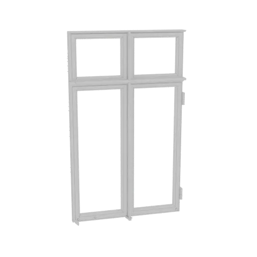 3D model of a white, modern double casement window with two opening sashes and a transom light, presented against a white bac