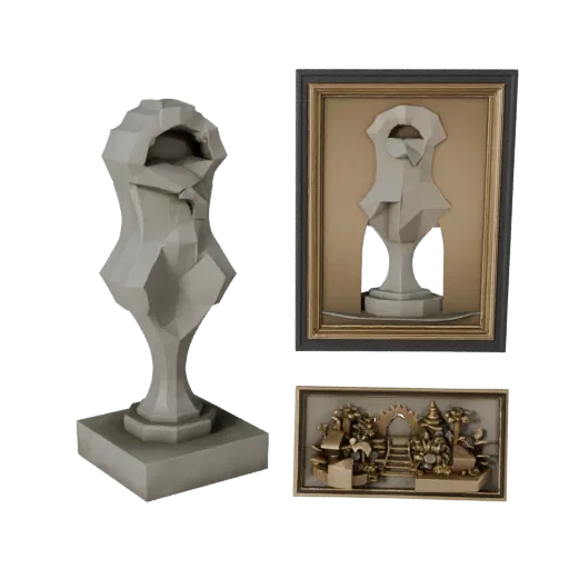 Prévia do modelo 3D low poly de Escultura Abstrata de Jardim mostrando silhueta, vista de jogo em três quartos