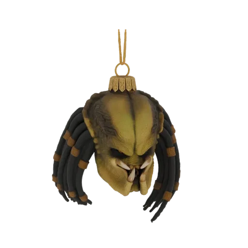 3D model of a Predator mask designed as a Christmas ornament, featuring intricate details and dreadlocks, with a hanging loop