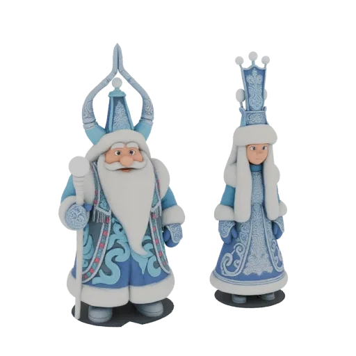 3D model of Father Frost and Snow Maiden, two stylized Russian winter folklore characters in blue and white costumes, standin