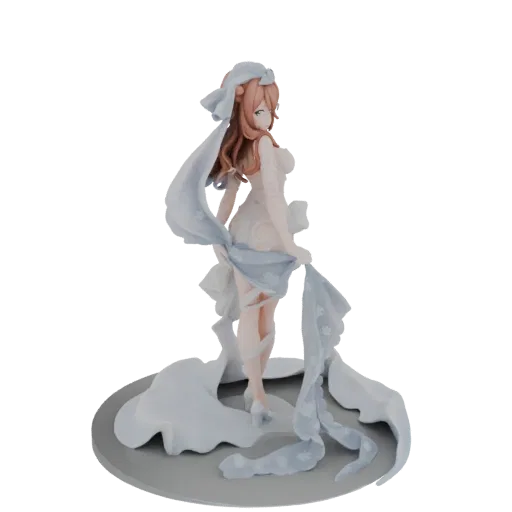 3D model of an elegant bride figure wearing a flowing white gown and a delicate blue-accented veil, posed gracefully on a cir