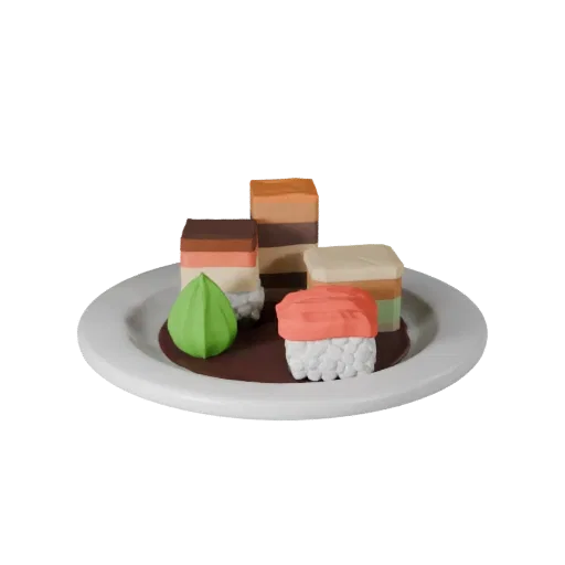 Restaurant Sushi Set 3D model, three-quarter front view, Unity viewport, showing sauces, plated composition.