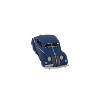 Un modelo 3D detallado de una limusina sedán vintage azul, visto desde un ángulo frontal derecho ligeramente elevado sobre un