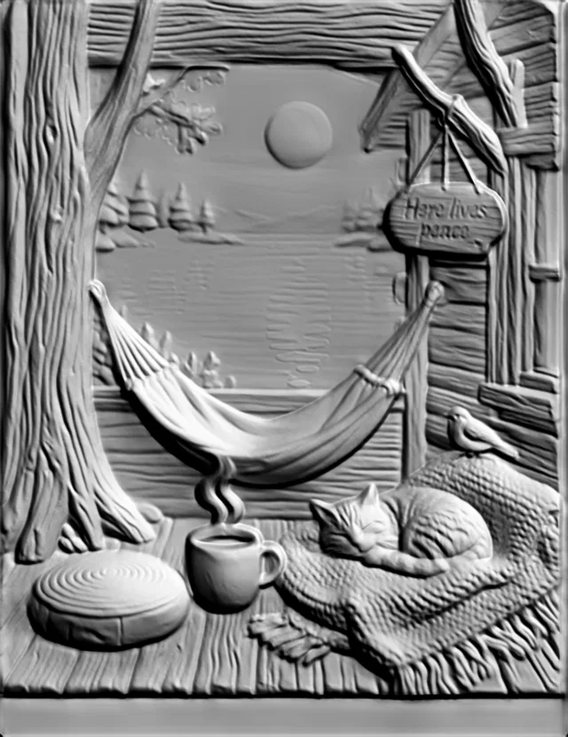 3D model of "Cozy Evening by the Fireplace" bas-relief with sleeping cat, coffee cup, and hammock