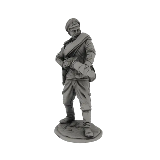 3D model of a World War I soldier holding a flamethrower, standing on a base.