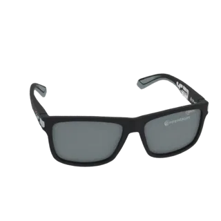 A 3D model of matte black rectangular sunglasses with gray lenses, displayed against a black background.