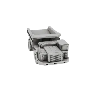 3D model render of a grey, heavy-duty mining dump truck with large tires and a prominent dump bed, set against a black backgr
