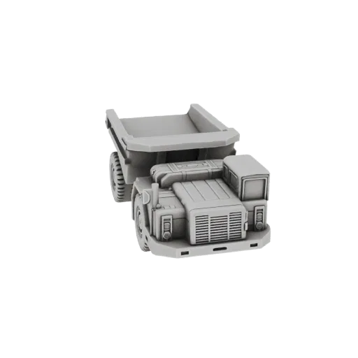 Rendering 3D di un autocarro minatore grigio e robusto con pneumatici grandi e un cassone prominente, su sfondo nero.