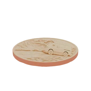 Render de modelo 3D de furgoneta vintage sobre terreno texturizado, presentado como moneda circular.